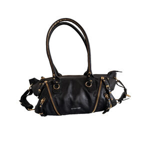 Cromia Italian Leather Black Pebbled Multi-Zip Satchel Shoulder Bag Gold Y2K